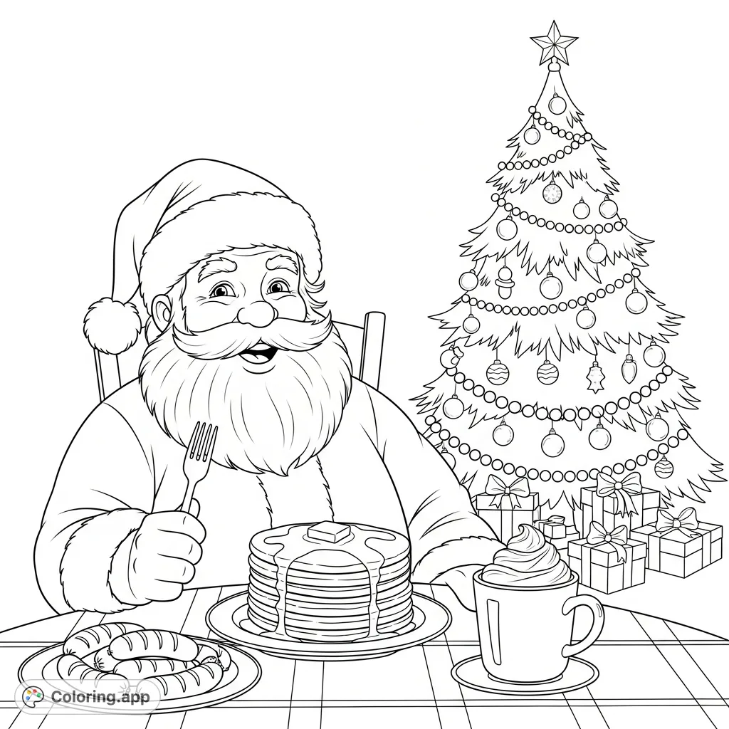 A charming Breakfast with Santa coloring page featuring Santa enjoying pancakes, sausage, hot chocolate, and a festive Christmas tree. A delightful scene for all ages!