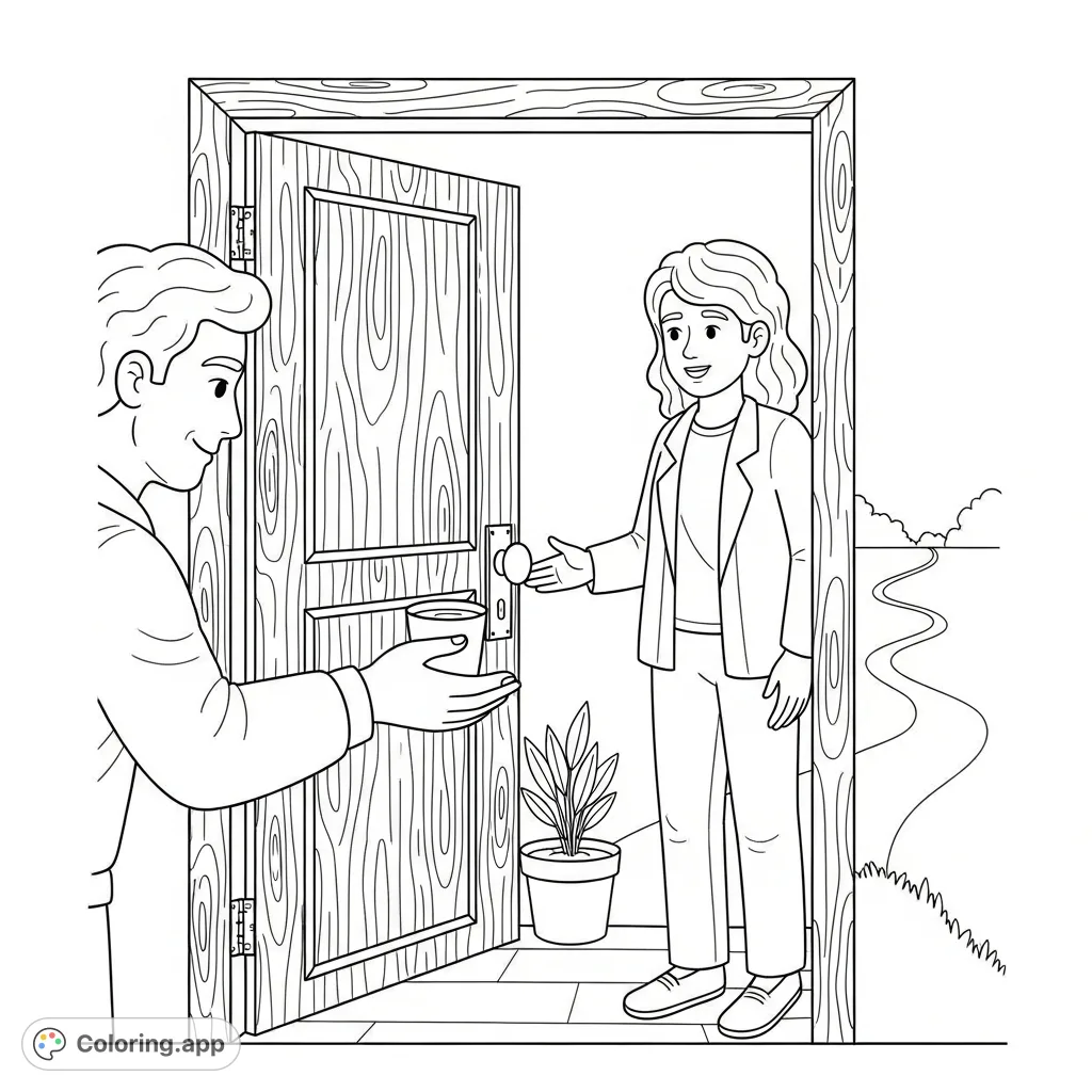 A heartwarming scene of hospitality with one person offering a cup of water to another at a home's entrance, symbolizing kindness and welcome.