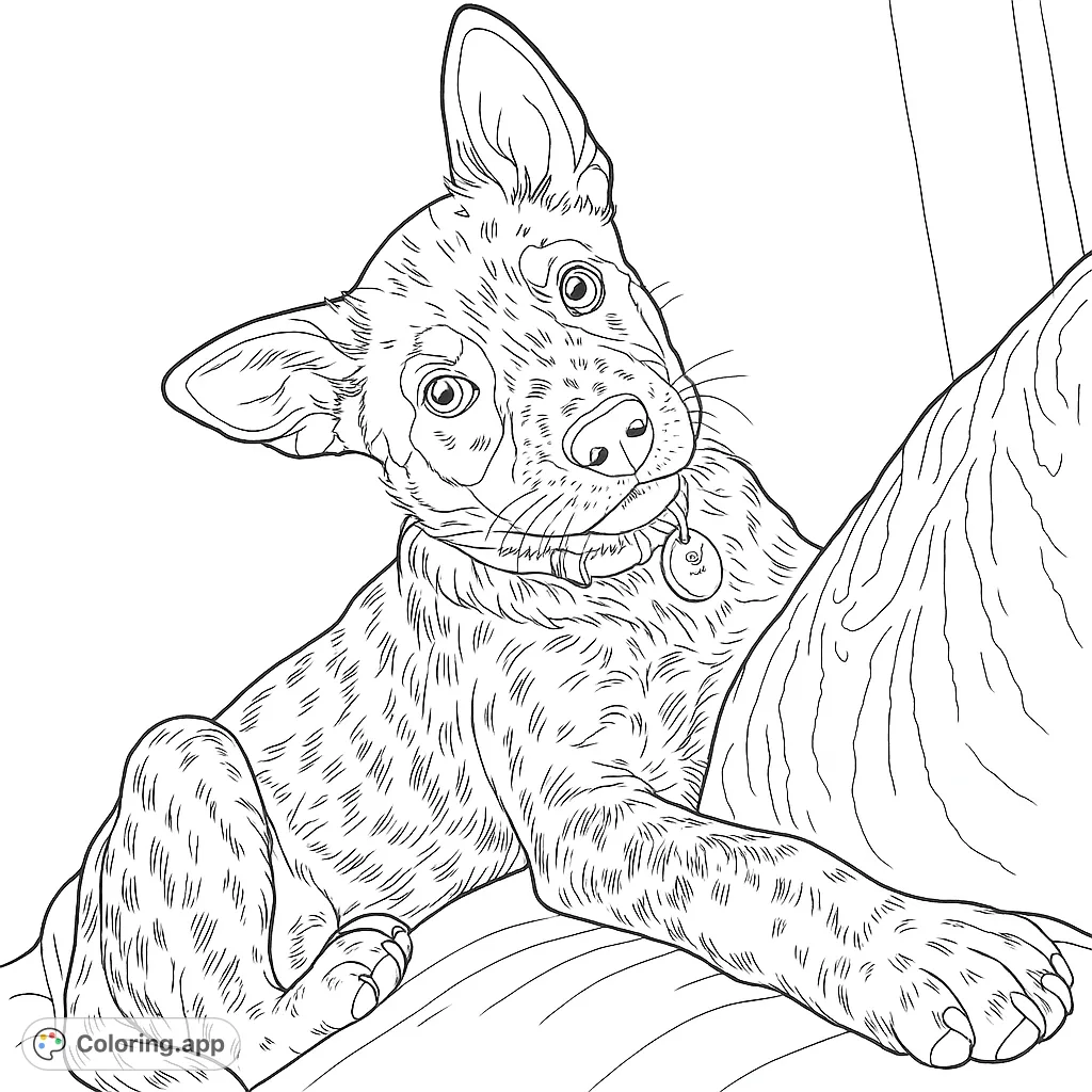 A charming speckled puppy with a head tilt, perfect for animal lovers. This free printable puppy coloring page offers delightful details.