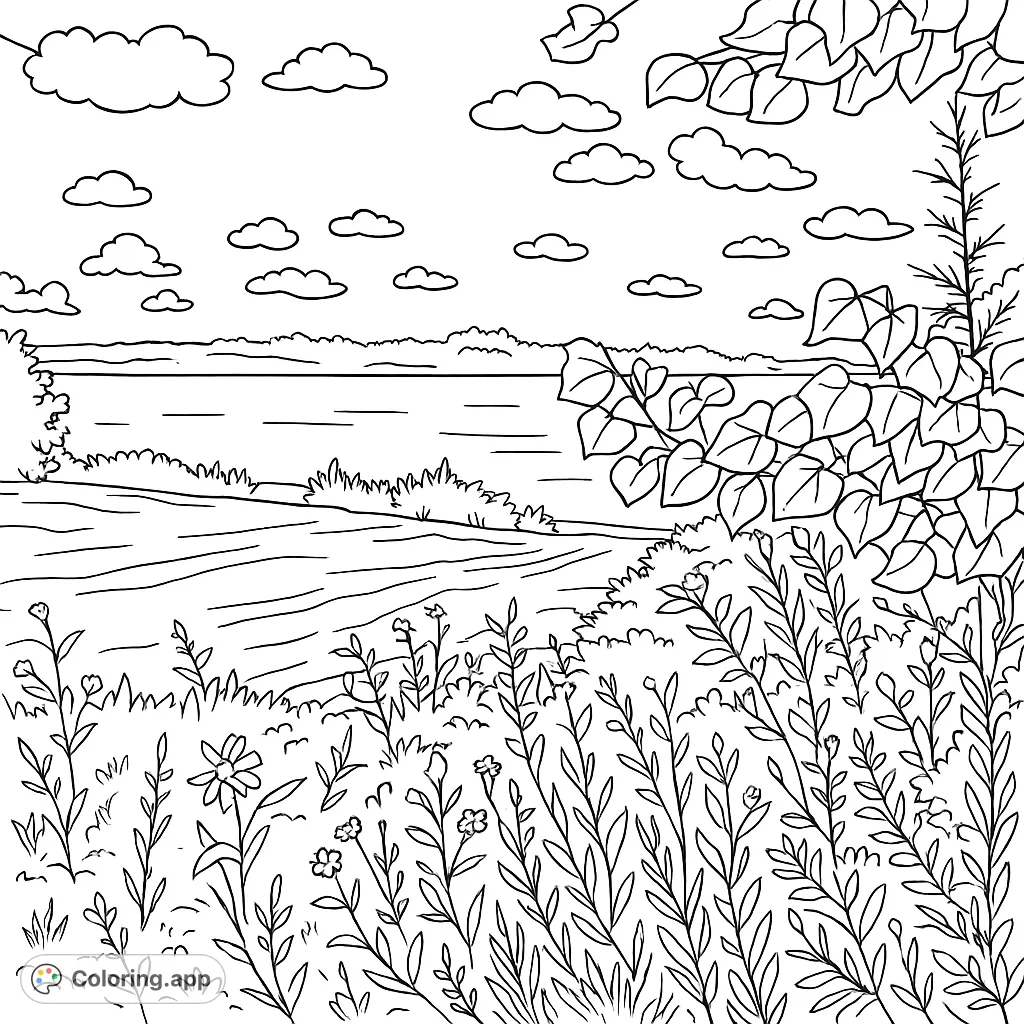 Explore a peaceful lakeside scene with lush foreground foliage, a sandy shore, and a calm body of water under a cloud-dotted sky. Perfect for nature lovers.