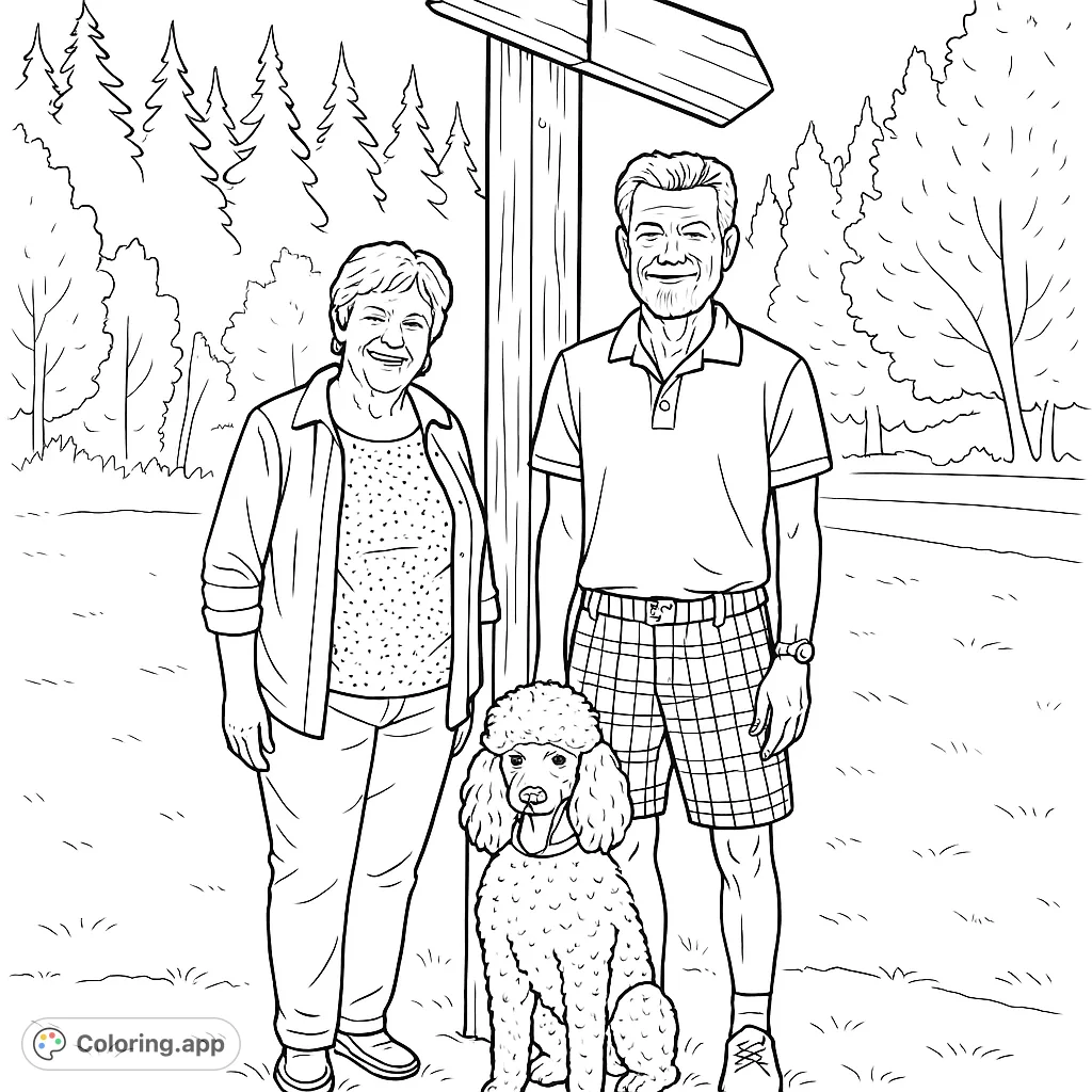 A heartwarming scene featuring a couple and their poodle dog standing by a rustic post in a serene forest setting. Perfect for nature and animal lovers.