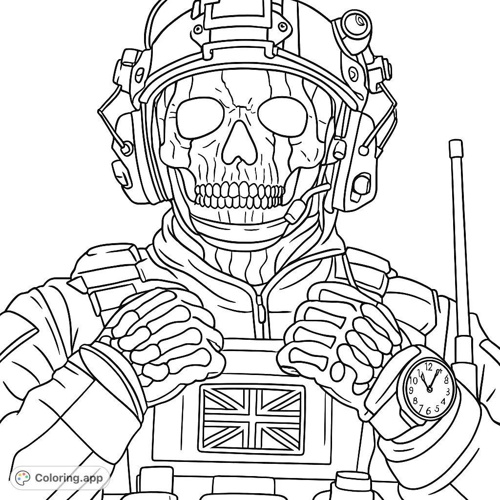 Intense tactical operative with a skull mask, helmet, and detailed gear. Perfect for fans of military themes and intricate designs.