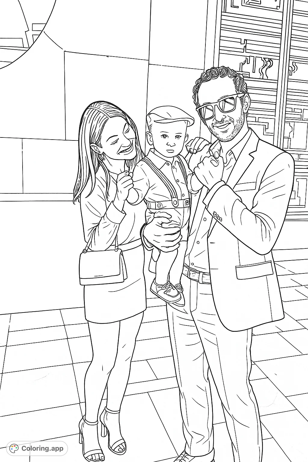 Capture a heartwarming family moment with this detailed portrait coloring page, featuring parents and their baby in a stylish urban setting.