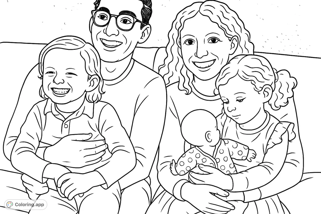 Capture a heartwarming family moment with this joyful portrait. Two adults and two children, including a girl with her doll, share smiles and closeness on a cozy couch.