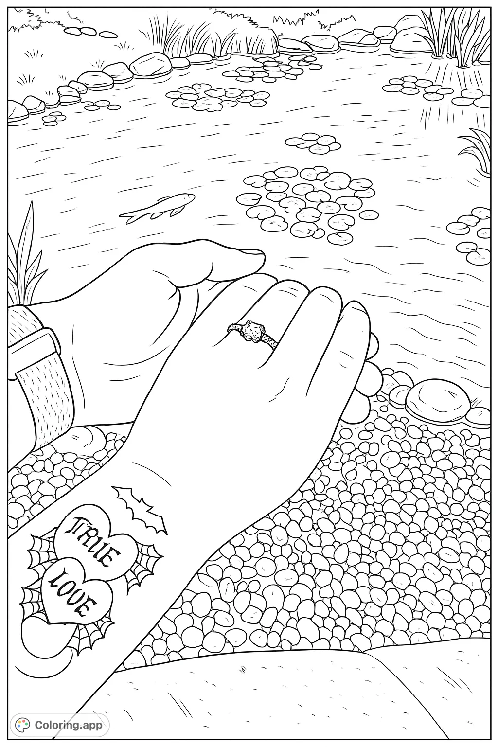 A serene coloring page featuring two hands, one adorned with a ring and a tattoo, clasped gently by a tranquil pond with lily pads and swimming fish.
