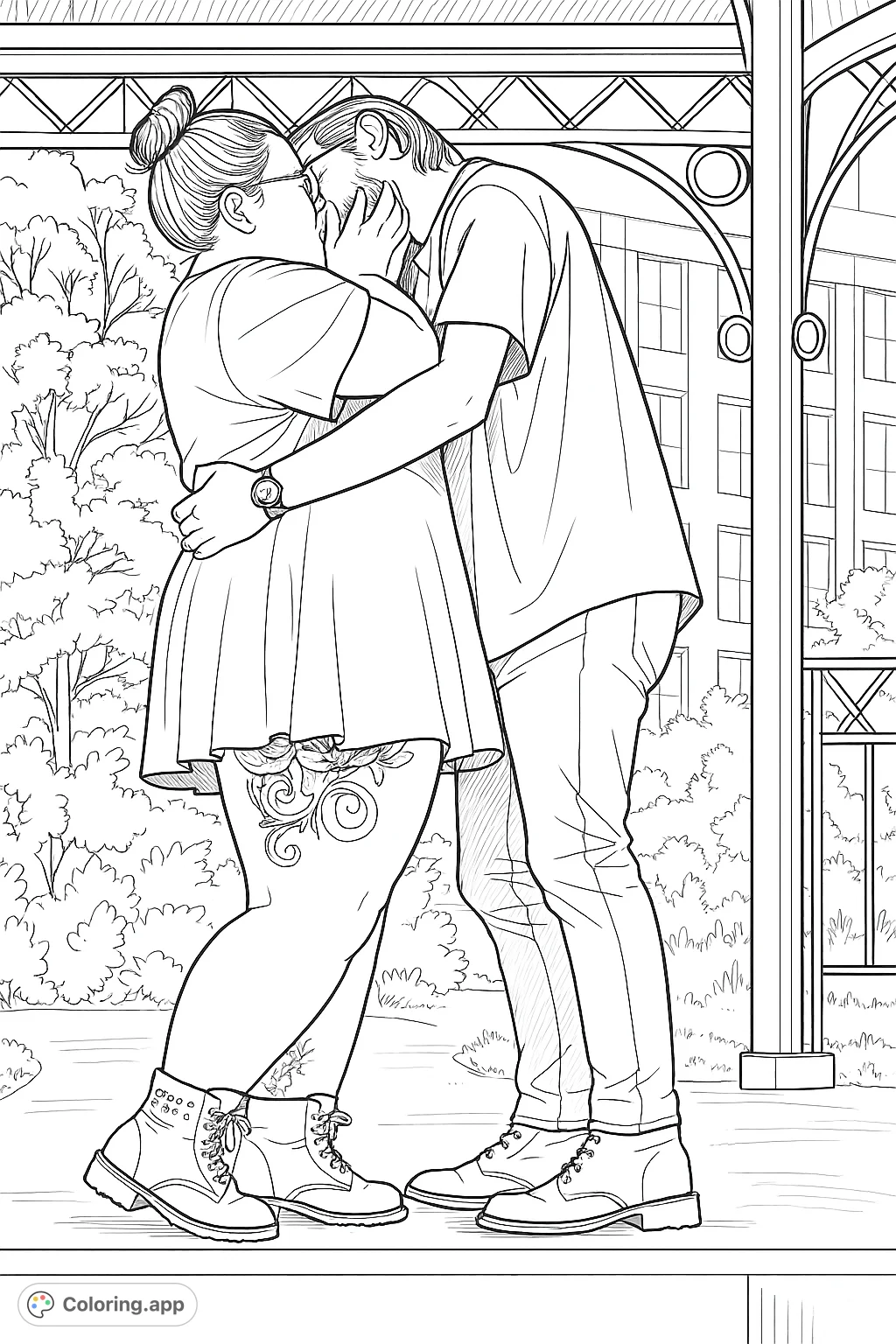 A tender embrace under a decorative gazebo, surrounded by lush nature. Features intricate details like a thigh tattoo and studded boots, perfect for a romantic coloring page.