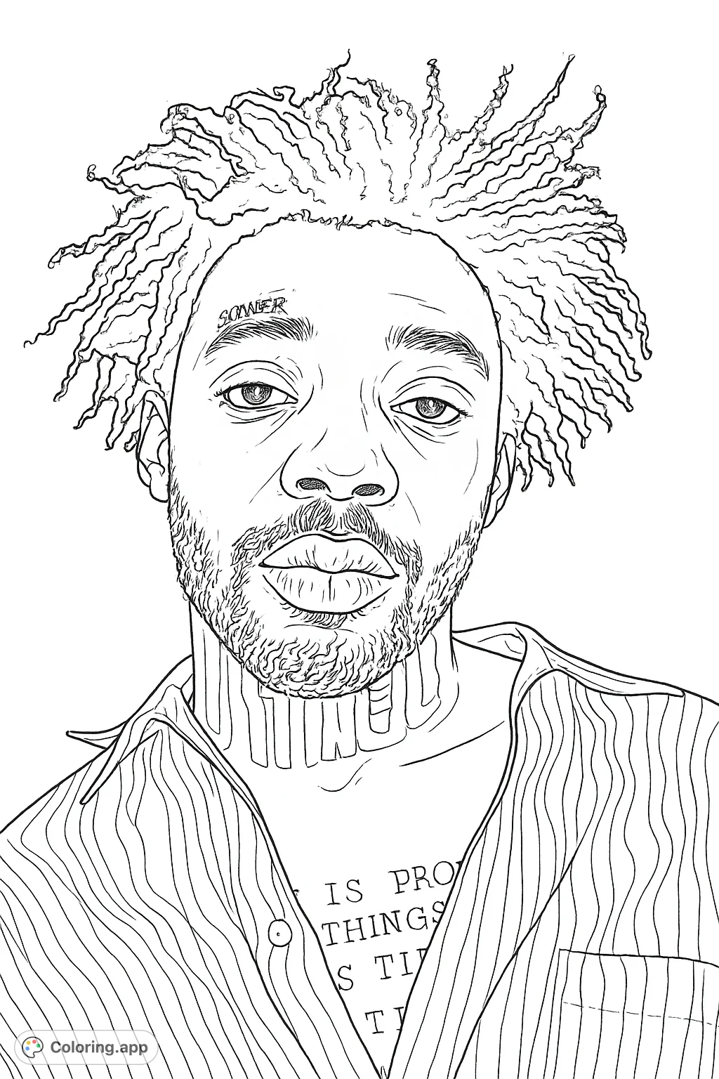 A striking portrait of a man with textured hair, a beard, and unique tattoos, wearing a striped shirt. A captivating adult coloring page.