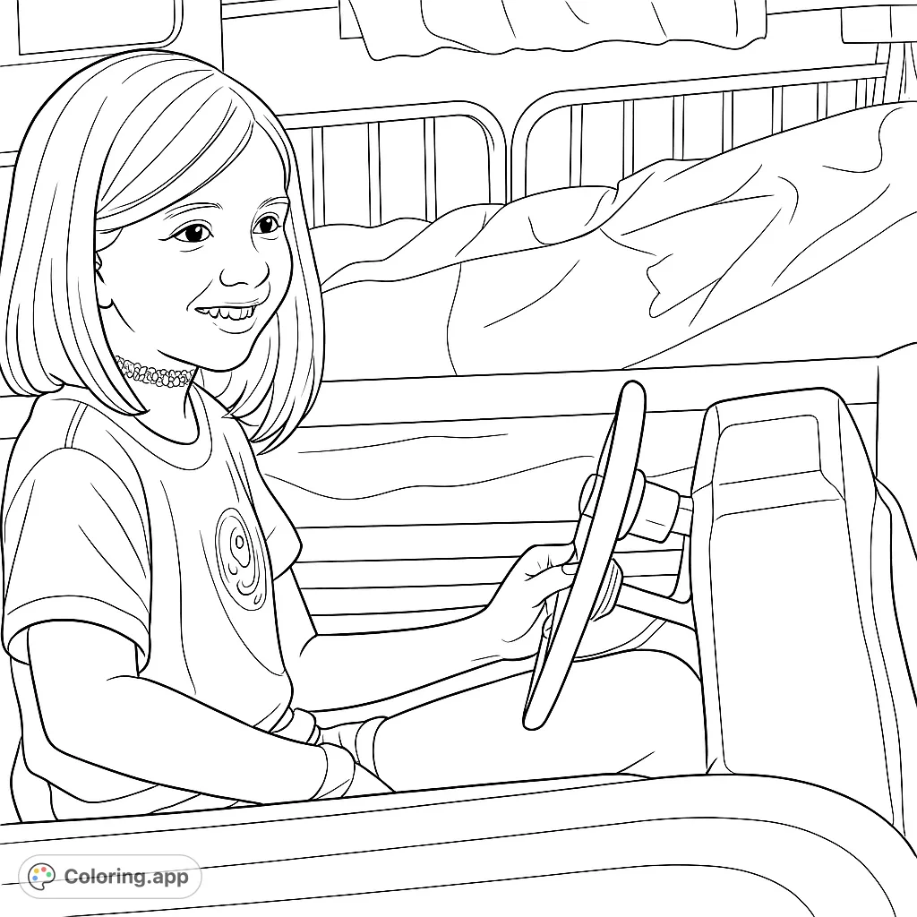 A cheerful girl enjoys a carnival ride, hands on the wheel, ready for adventure. Perfect for young colorists to bring the fun to life.