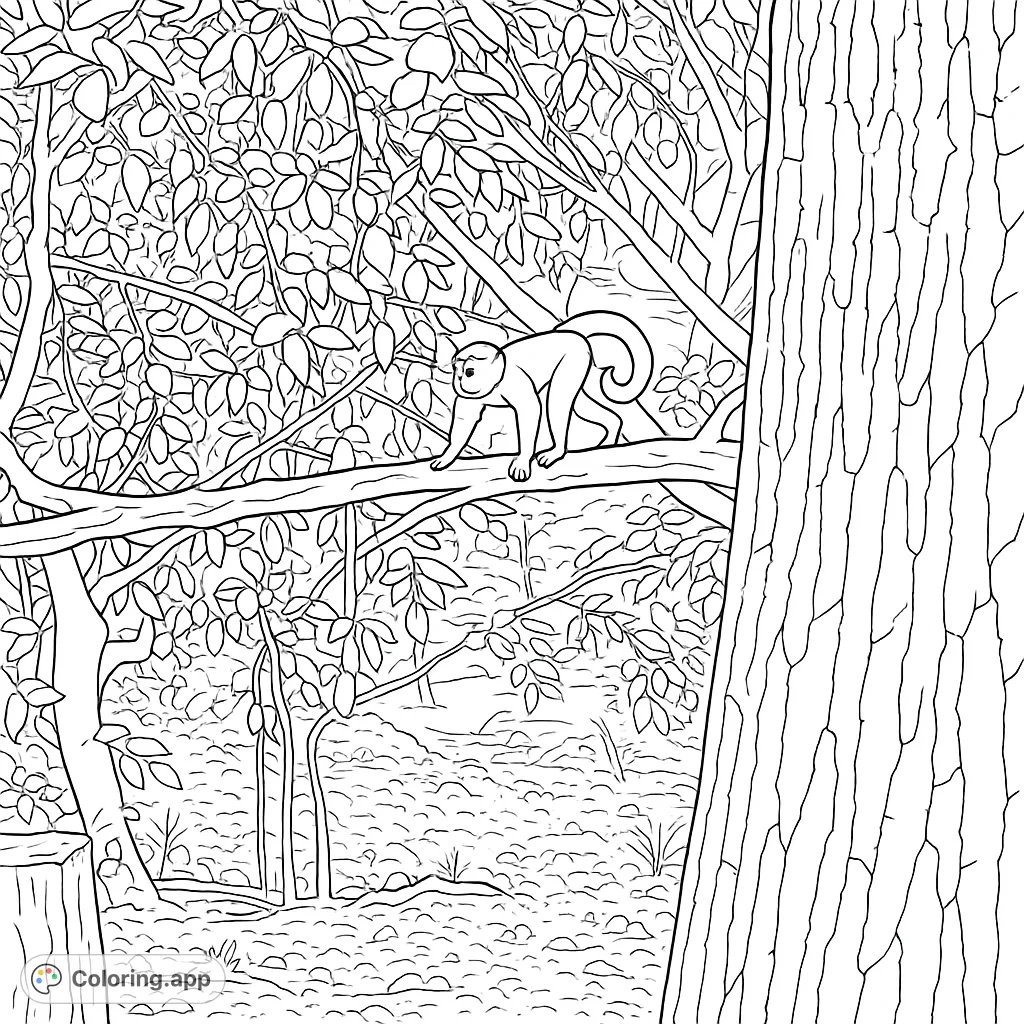 A curious monkey explores a dense forest canopy, walking along a branch. Perfect for nature lovers and animal enthusiasts to bring to life with vibrant colors.