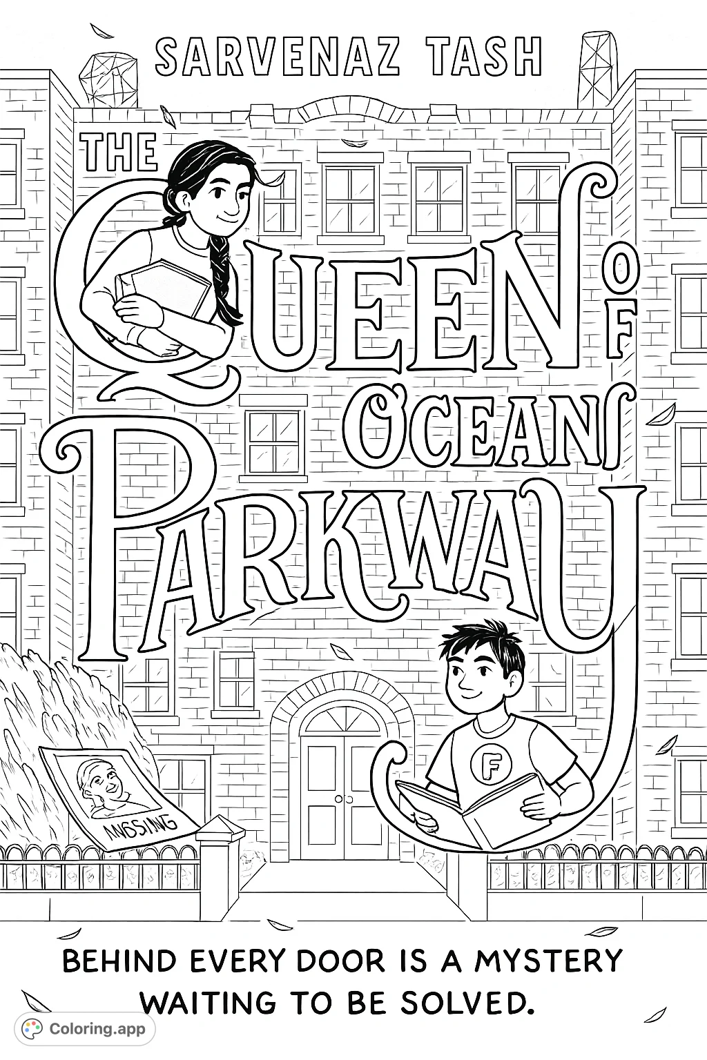 Explore a detailed brick building with two young characters, a missing poster, and a funfair in the background. A mystery-themed coloring adventure awaits!