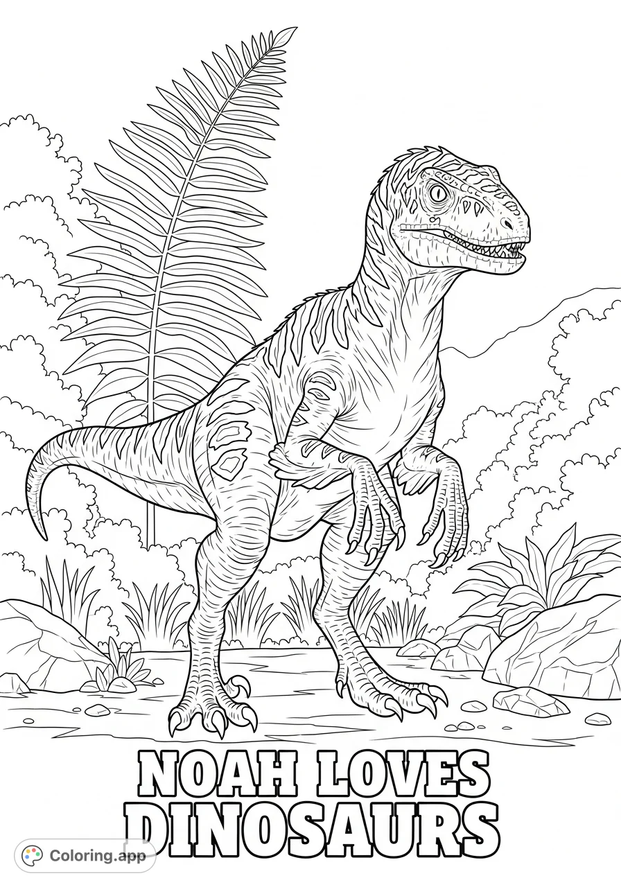 A thrilling Jurassic World Blue the dinosaur coloring page featuring the iconic raptor and the personalized message 'Noah Loves Dinosaurs'.