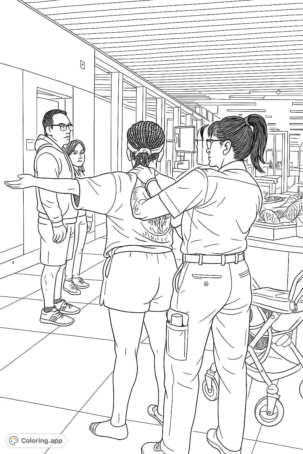 A detailed airport security checkpoint scene, featuring a security officer screening a traveler, with other passengers waiting in the background. Perfect for exploring everyday scenarios.