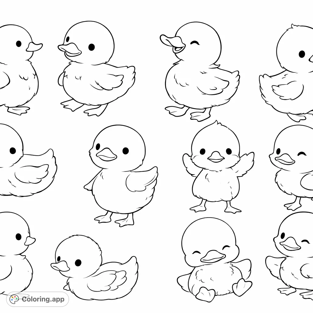 An endearing collection of cute ducklings in various playful poses, perfect for a delightful coloring experience.