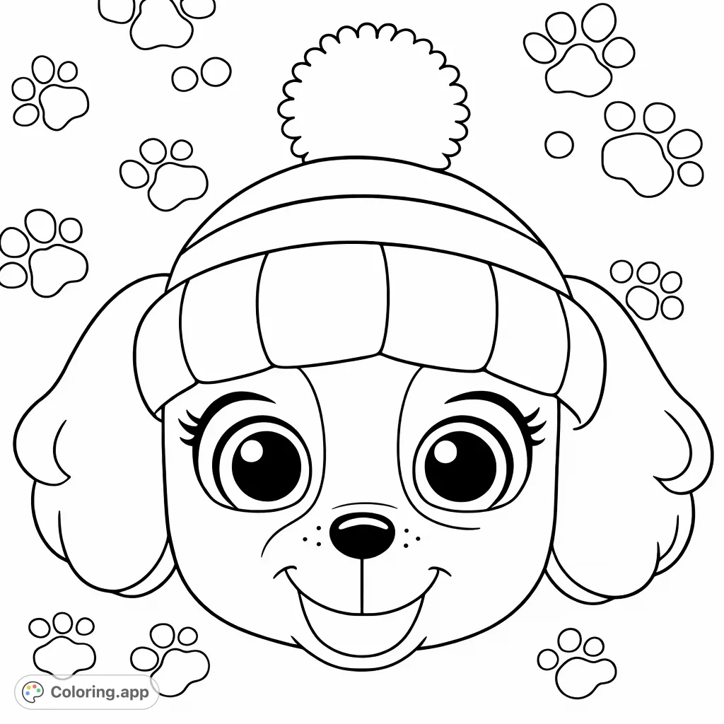 A super cute cartoon puppy wearing a cozy winter hat, set against a fun, textured background with paw prints and abstract shapes. Perfect for joyful coloring!