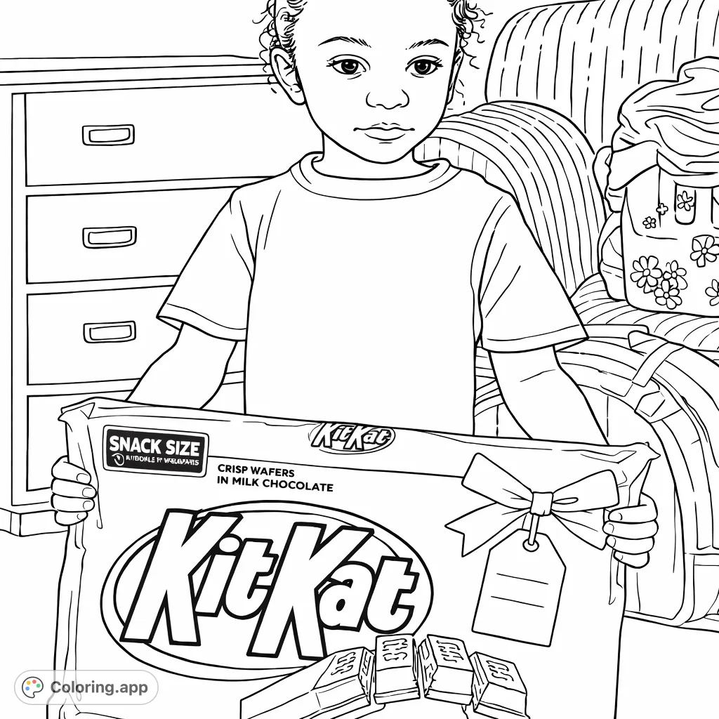 A joyful child holds an oversized snack package, featuring bold branding and a gift tag. A fun coloring page for all ages to enjoy customizing!