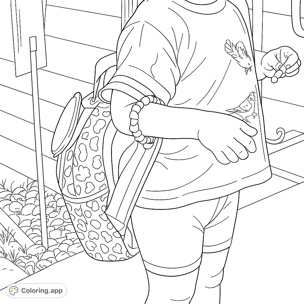 A delightful coloring page featuring a child ready for adventure with a patterned backpack, beaded bracelet, and a detailed t-shirt design.