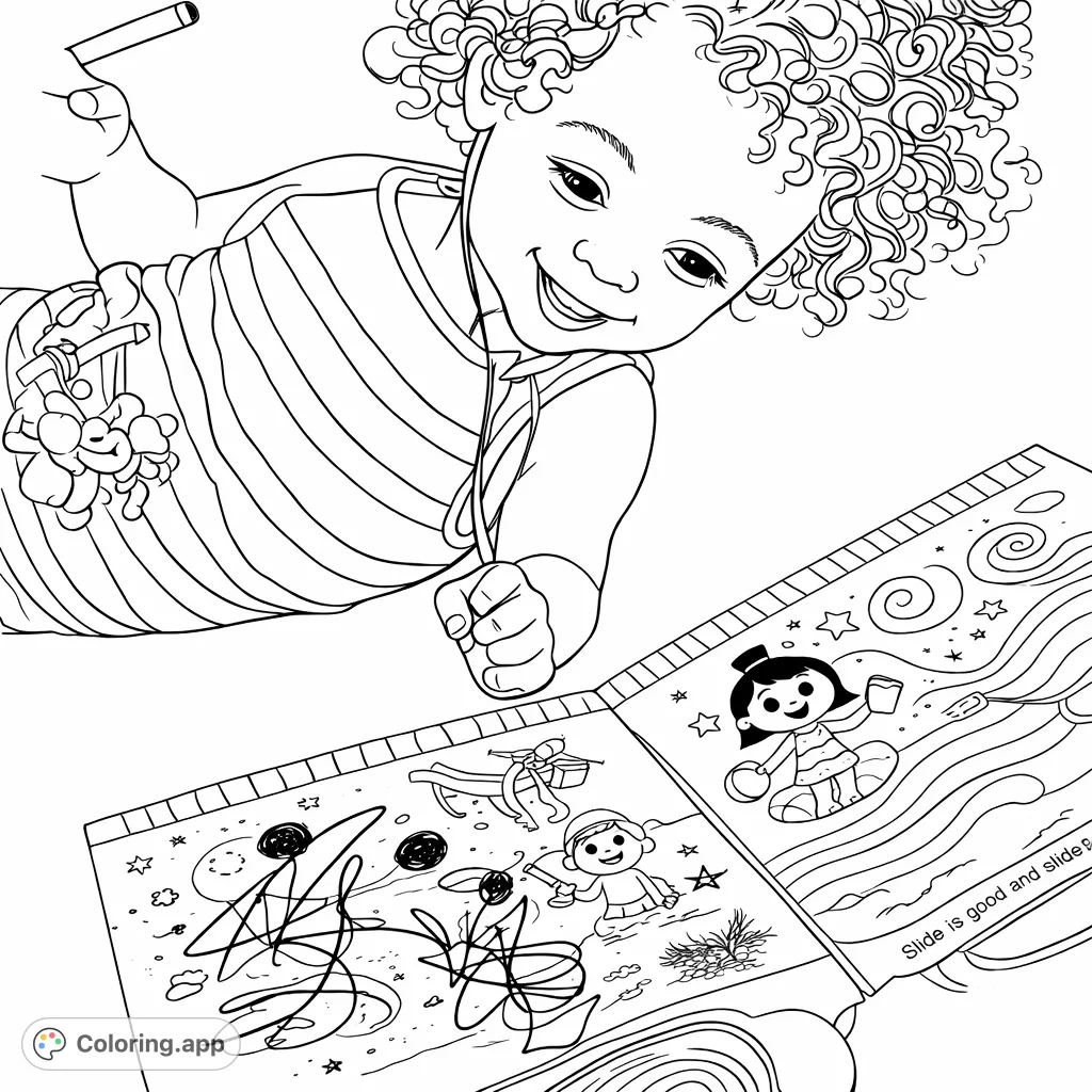 A joyful child explores a vibrant board book featuring winter snowmen and sunny beach scenes, perfect for young imaginations.