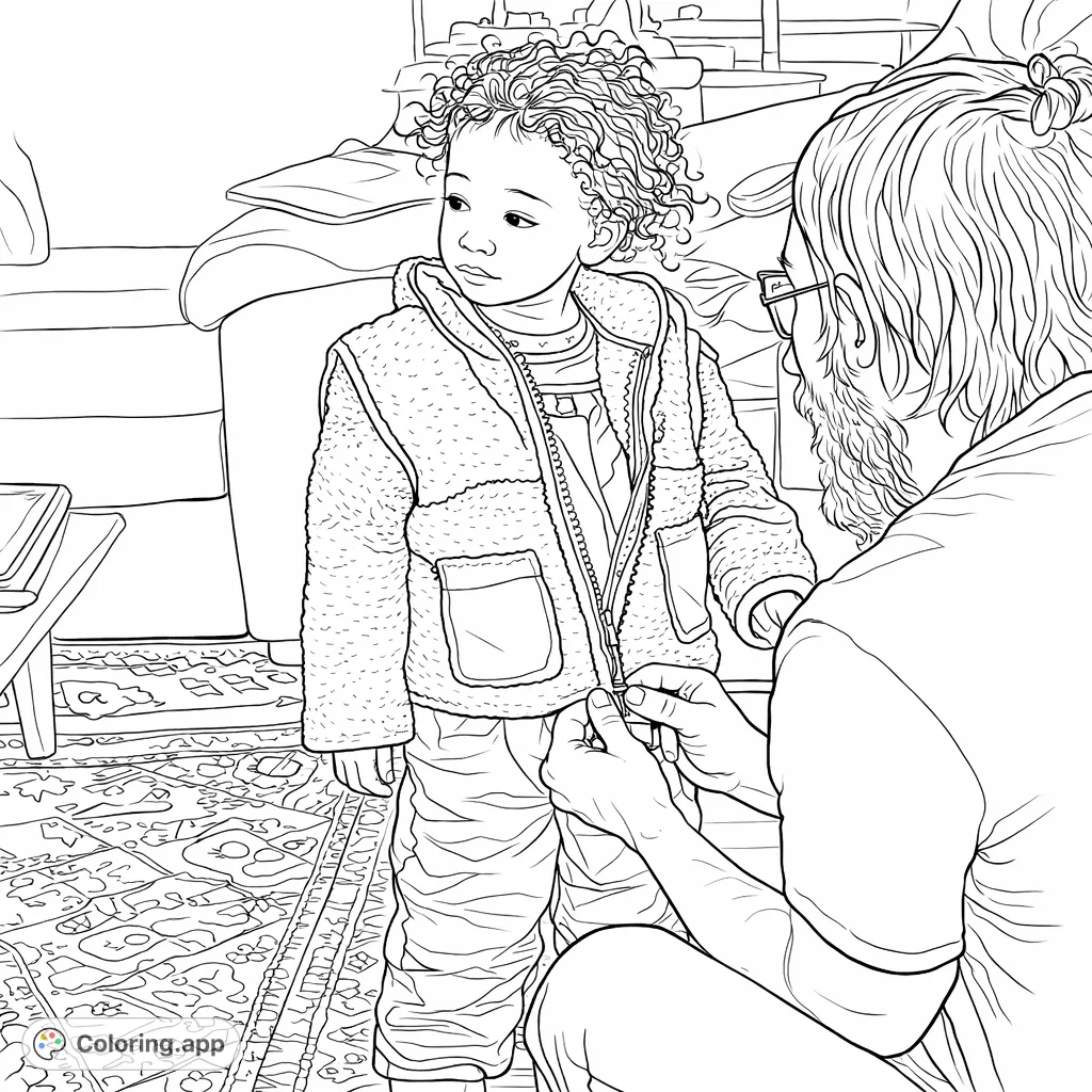 A heartwarming scene of a child getting dressed in winter gear with an adult's help. Features a detailed jacket, snowsuit, and patterned rug, perfect for imaginative coloring.