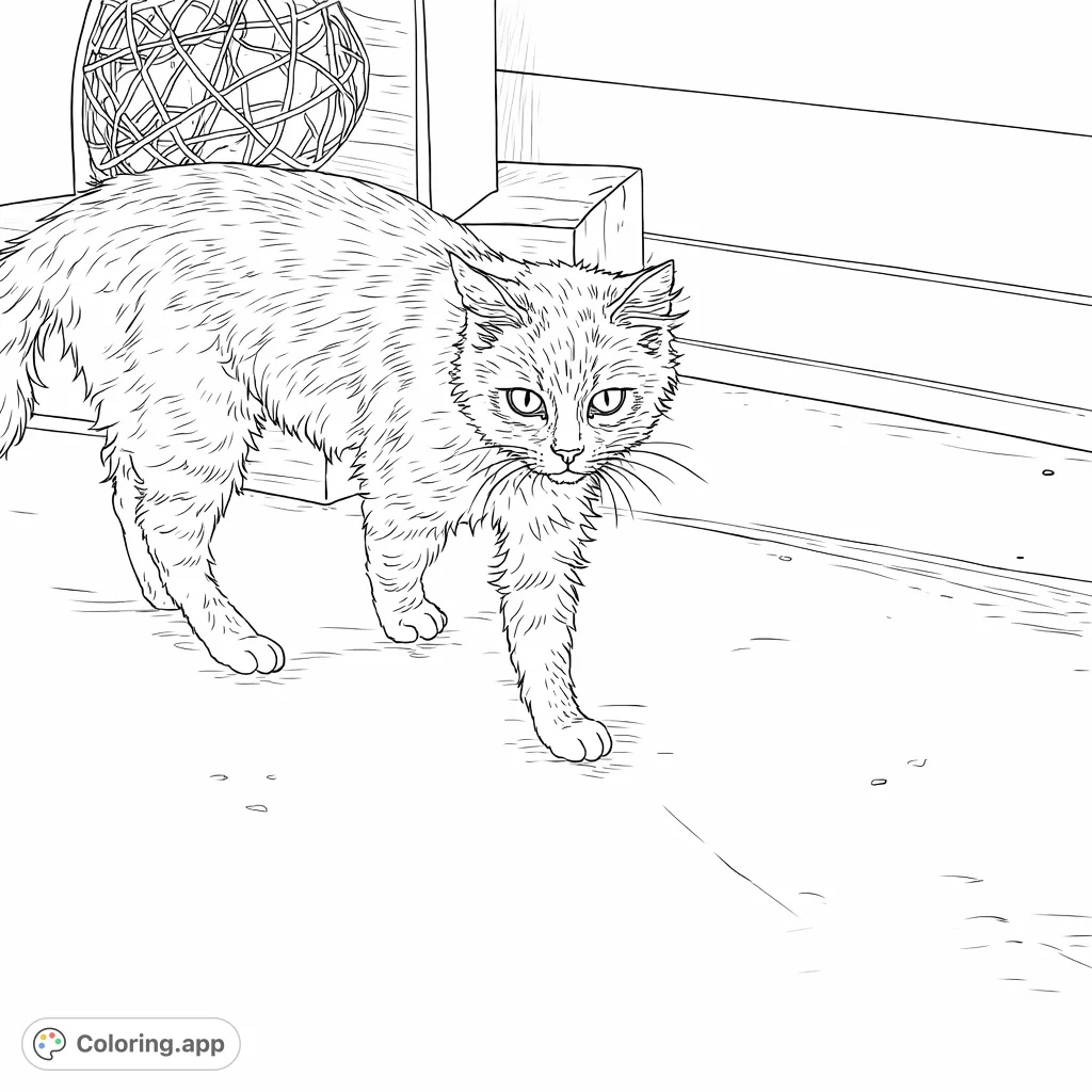 A curious domestic cat approaches, its patterned fur and watchful gaze offering a charming scene for a relaxing coloring experience. Perfect for animal lovers!