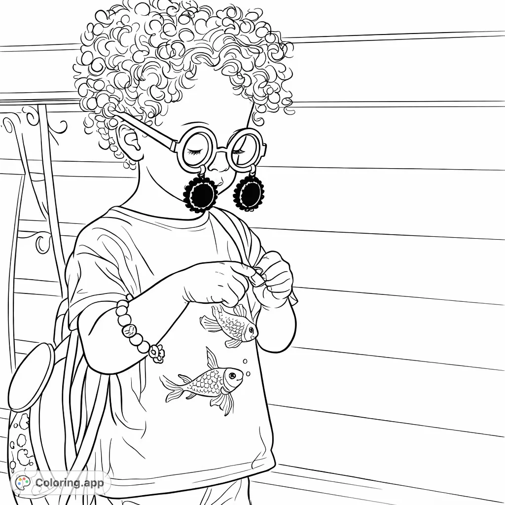A charming coloring page featuring a curious child in whimsical novelty glasses, a sea turtle shirt, and a patterned backpack, exploring a tiny object.