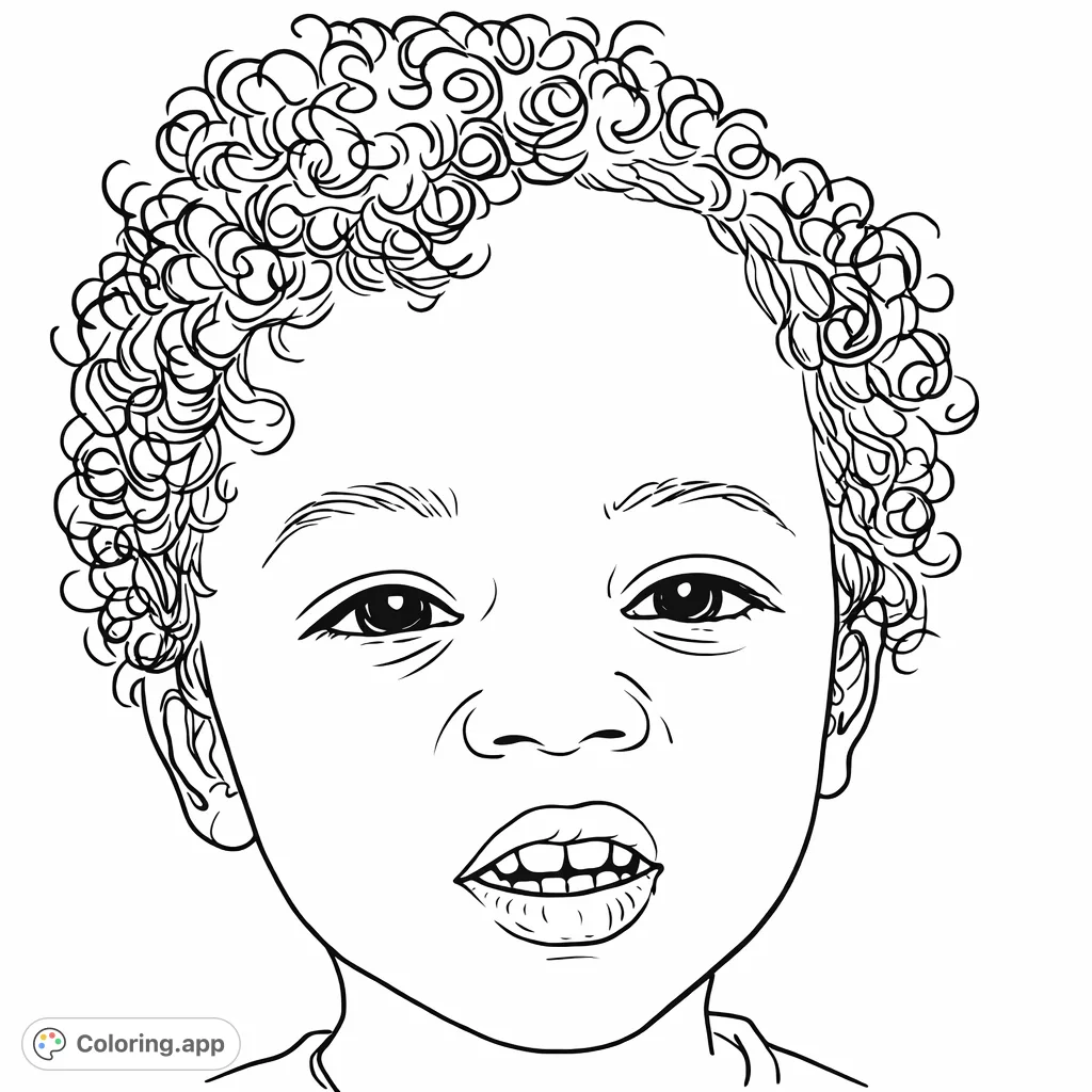 A heartwarming free printable curly-haired child portrait coloring page, perfect for kids and adults to enjoy bringing this sweet face to life.
