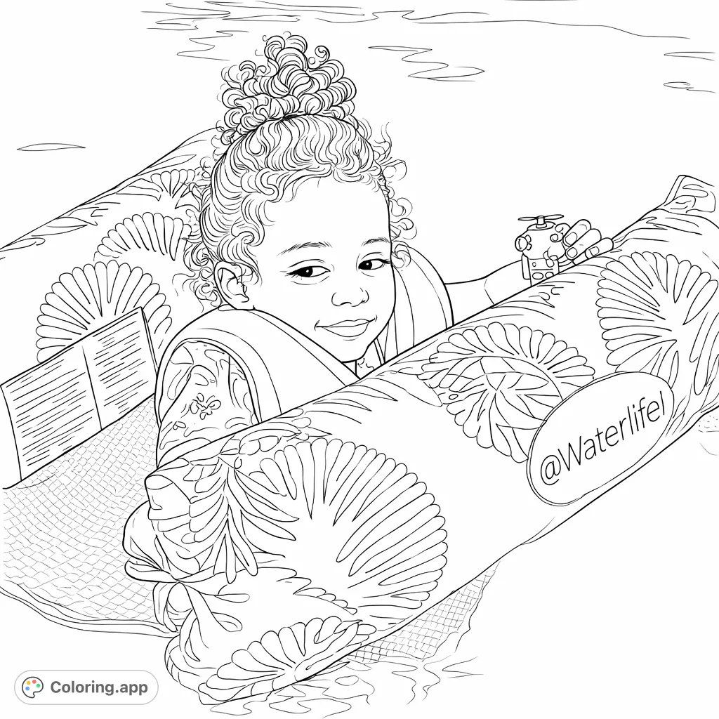 A joyful child enjoys a pool day on a patterned float, wearing a swim vest and holding a toy. Perfect for summer-themed coloring fun and relaxation.