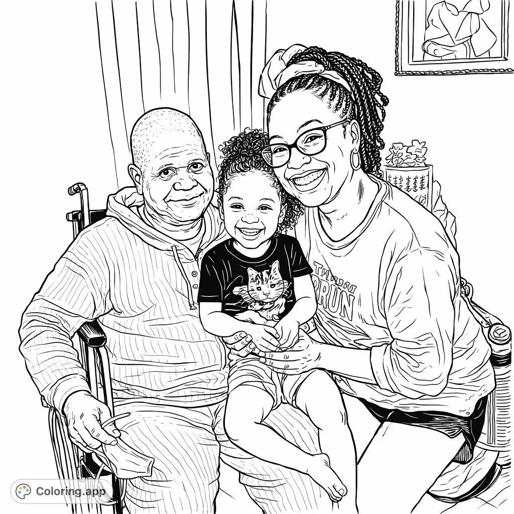 Capture the warmth of family with three smiling generations. This lovely portrait features an older individual, a child, and an adult, sharing a tender moment.