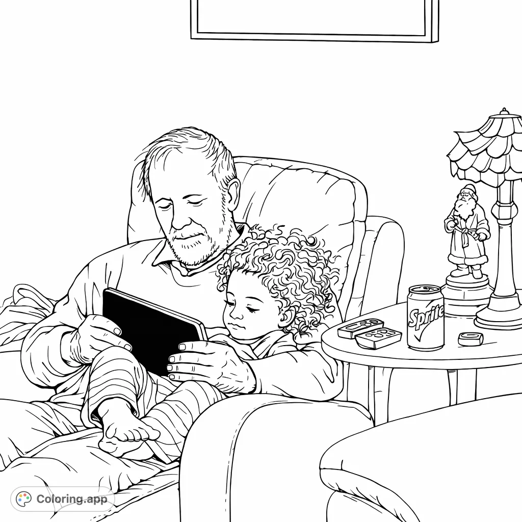 A heartwarming scene of a grandparent and child sharing a digital story on a tablet. Perfect for celebrating family bonds and quiet moments of connection.