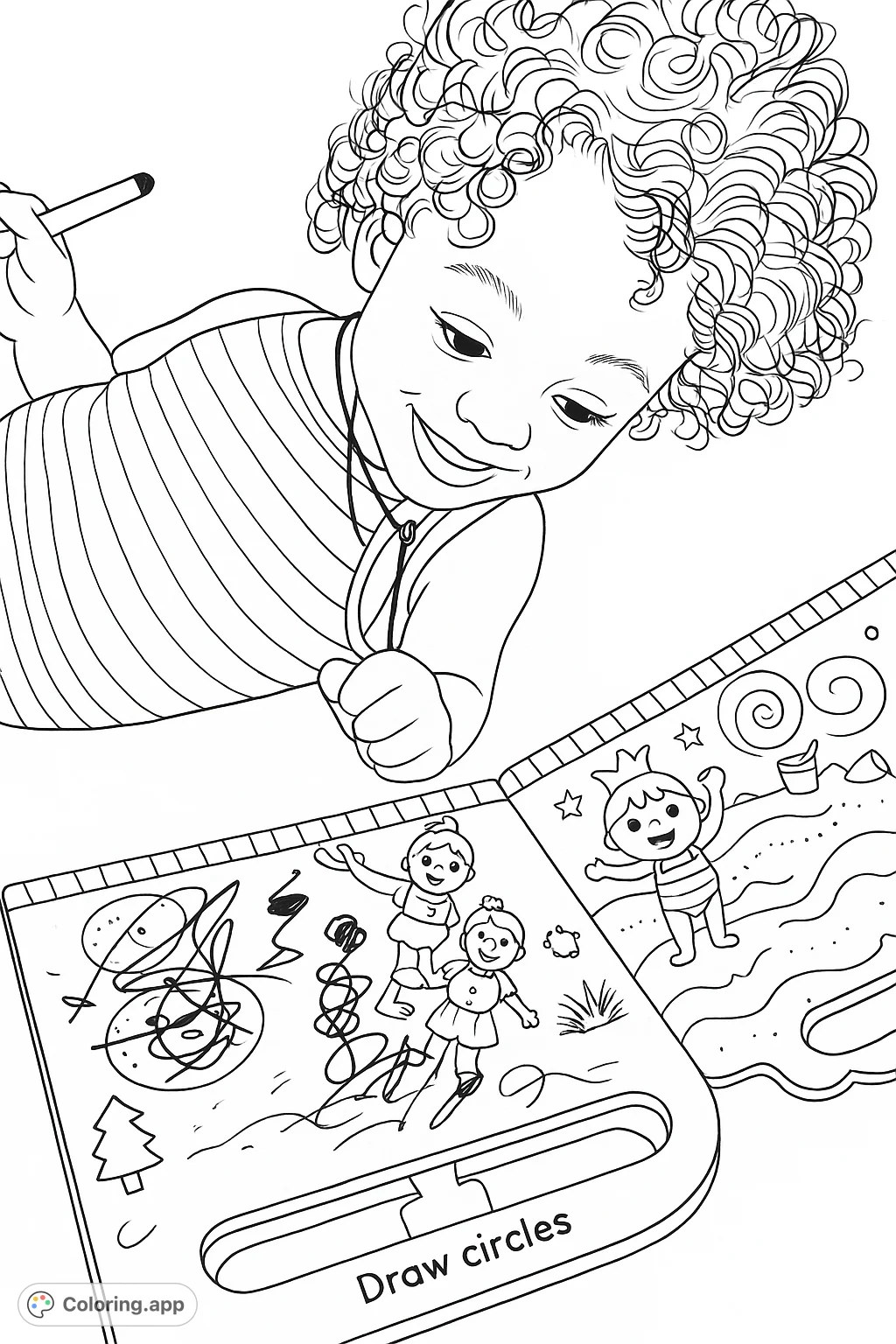 A delightful coloring page featuring a happy child engrossed in an activity book, showcasing playful winter and beach scenes. Perfect for young artists!