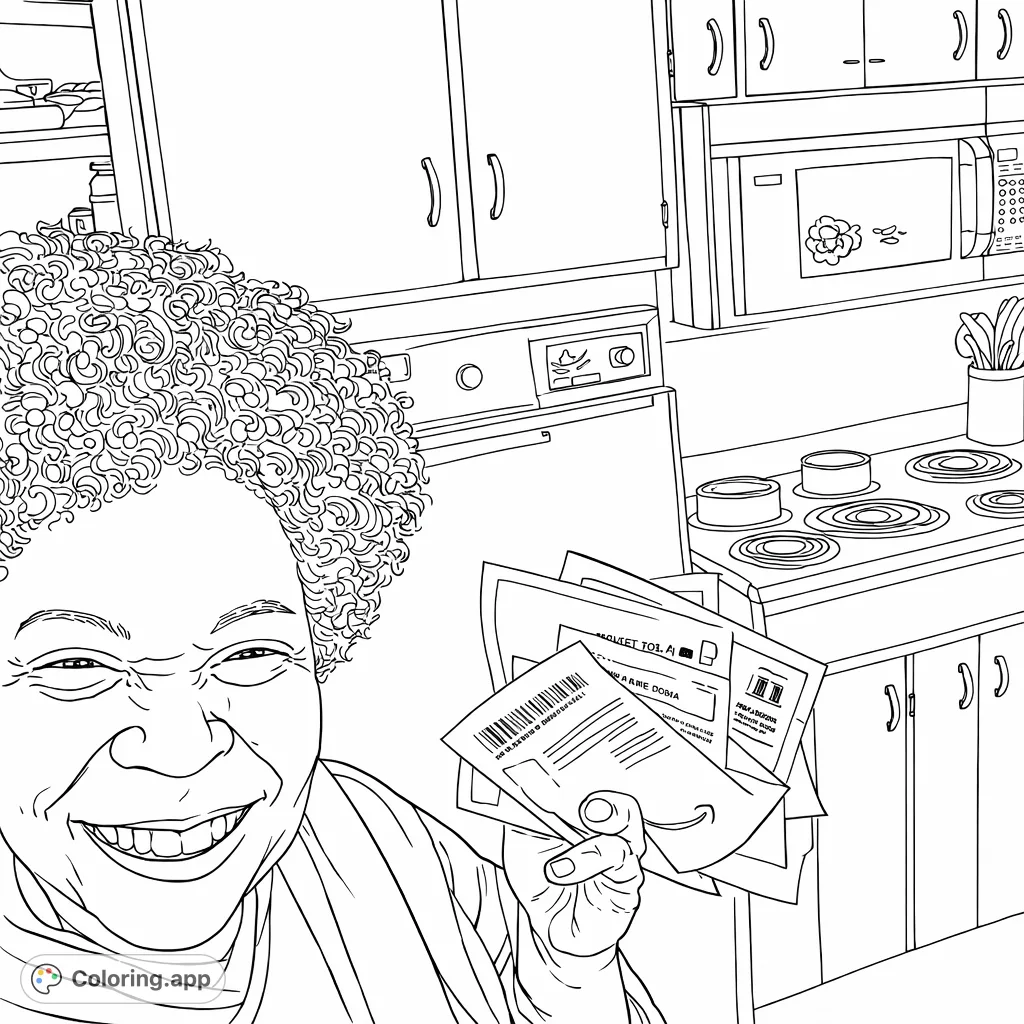 Capture a joyful moment in a kitchen. A person with curly hair smiles, holding a fanned stack of gift cards against a detailed kitchen backdrop.