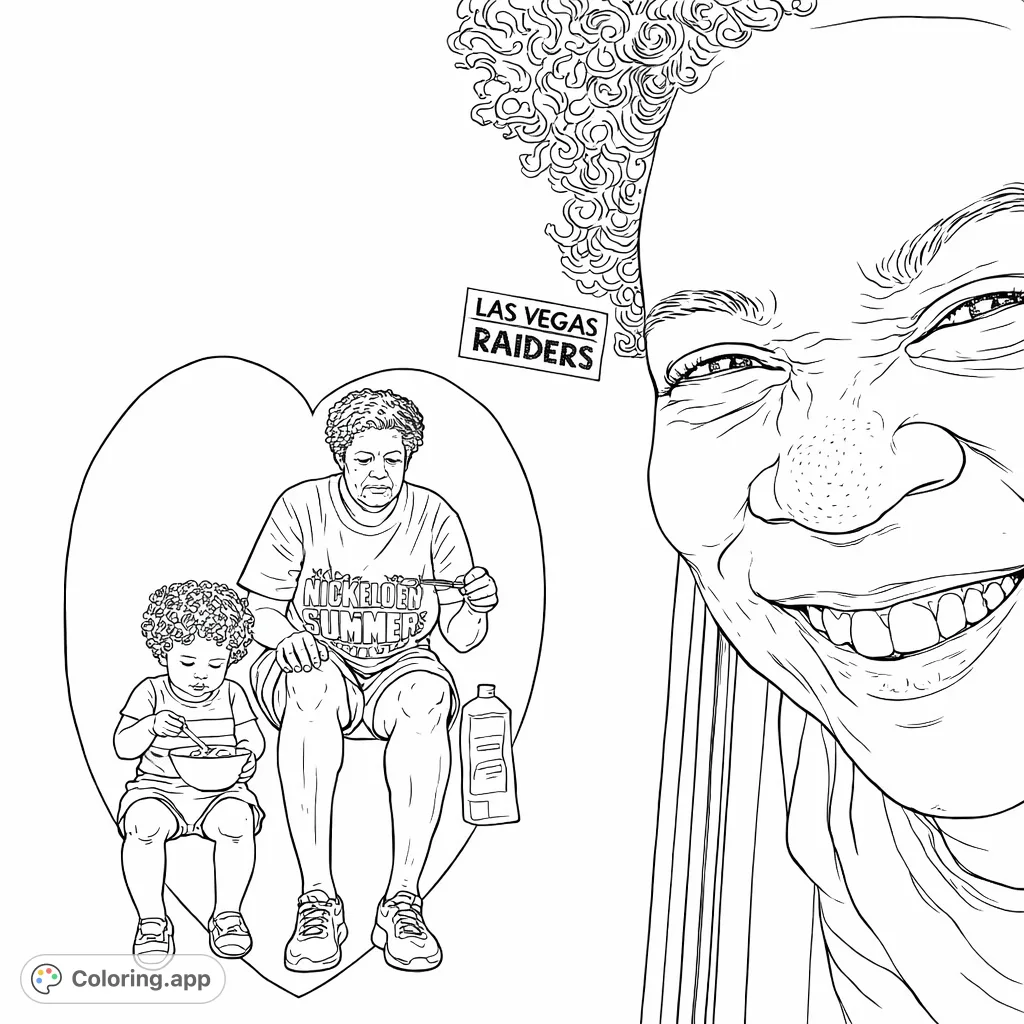 A heartwarming coloring page featuring a smiling face beside a heart-shaped collage with an adult and child, perfect for personalizing with your favorite hues.