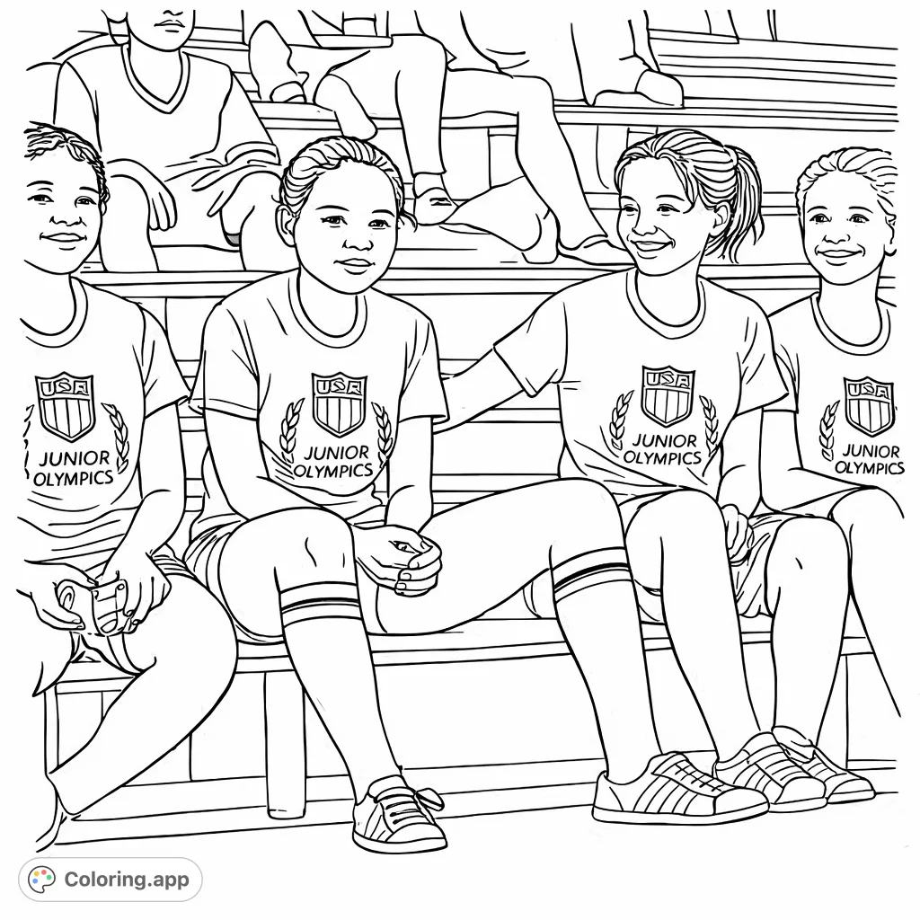 Four young athletes in Junior Olympics attire, seated on bleachers, captured in a moment of camaraderie and sport. A youthful and inspiring scene.