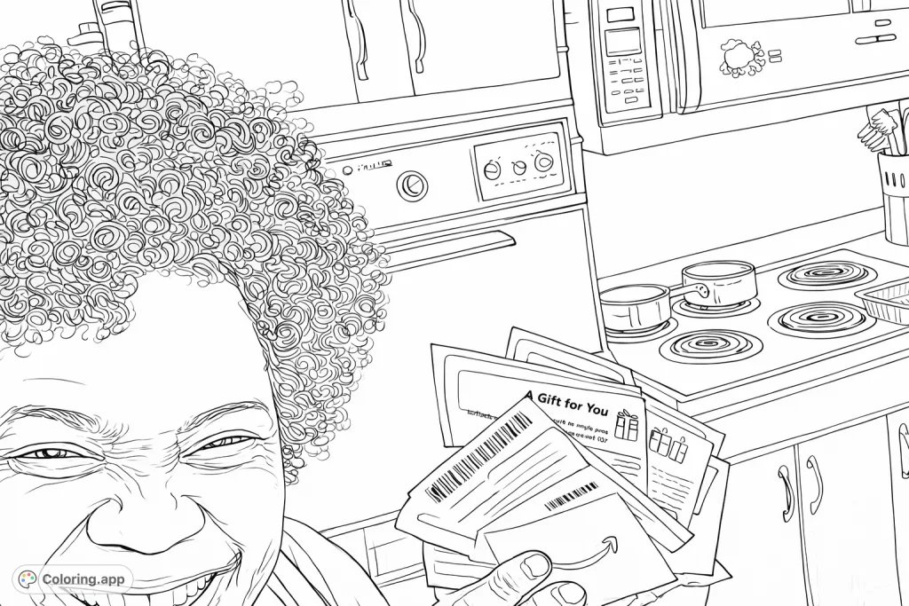 Capture the joyful moment of a person smiling, holding gift cards, in a cozy kitchen scene. A fun, free printable gift cards coloring page for kids and adults.