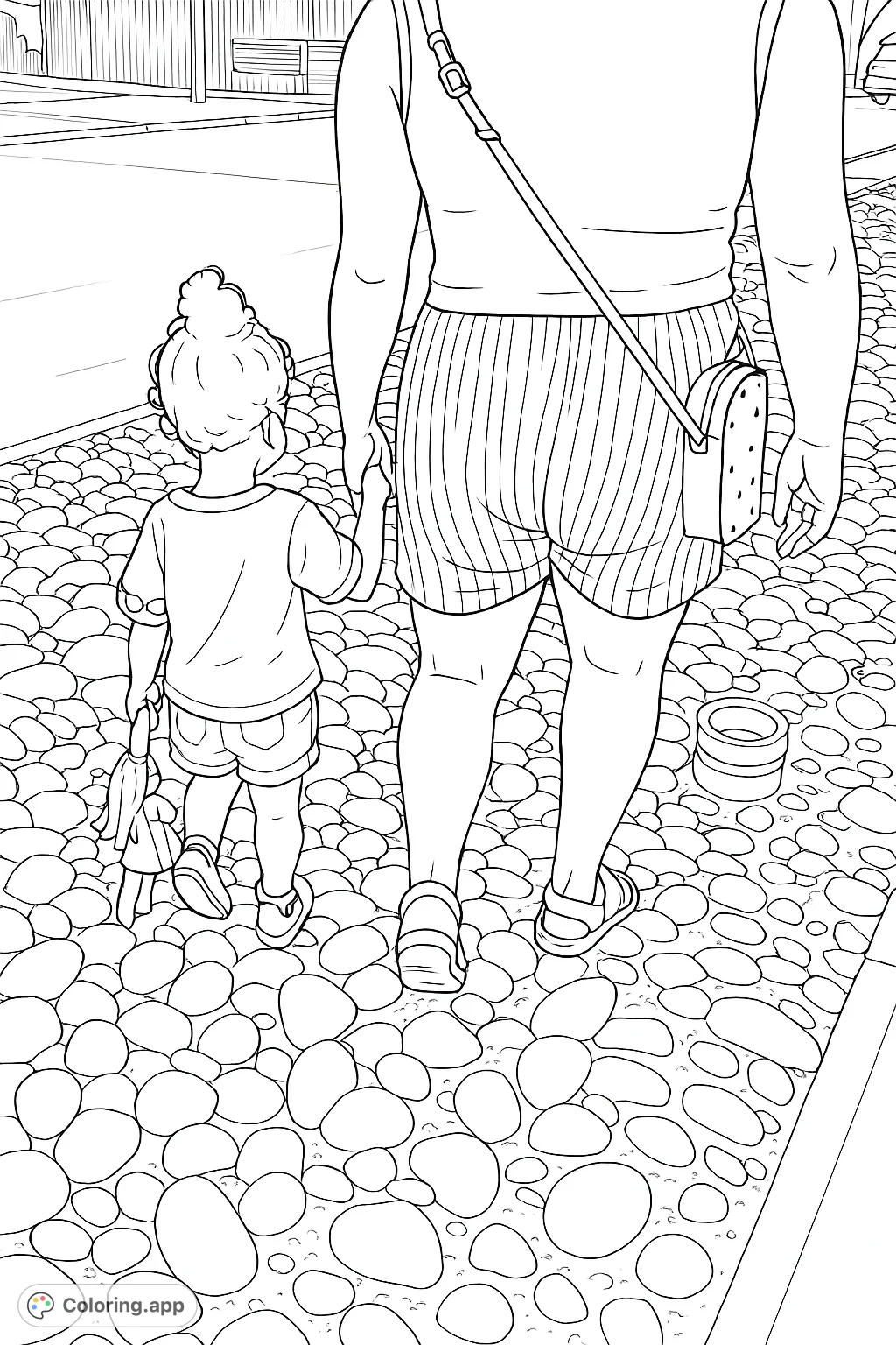 A heartwarming scene of an adult and child walking hand in hand on a rocky path. Perfect for celebrating family bonds and shared adventures.