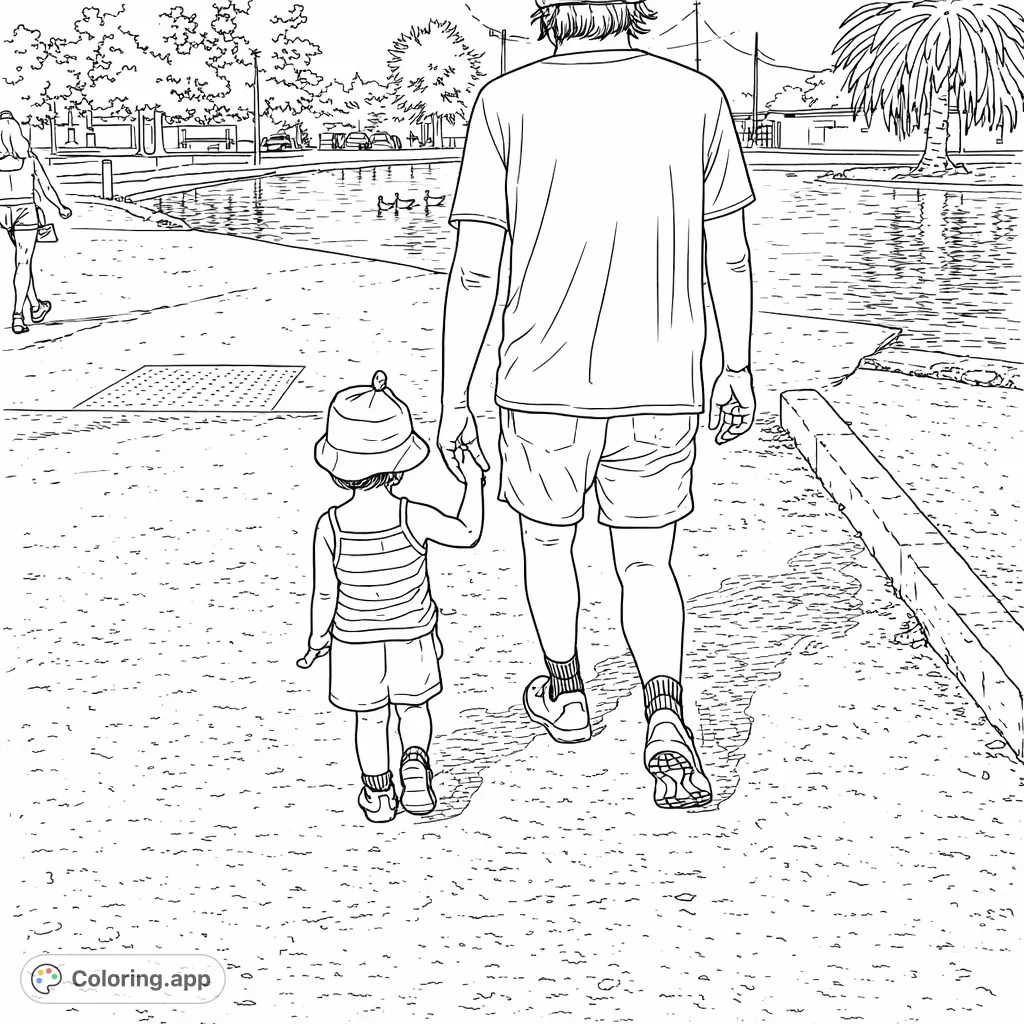 A heartwarming scene of an adult and child holding hands, exploring a park next to a pond filled with fowl and surrounded by trees. Perfect for all ages.