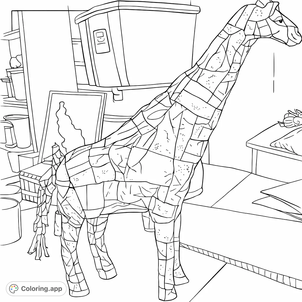 A unique patchwork giraffe sculpture, covered in distinct shapes, standing amidst a creative setting. Perfect for imaginative coloring.