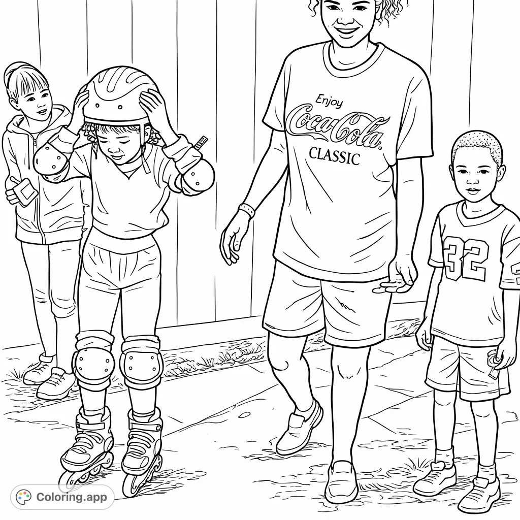 Capture a joyful moment of a child learning to rollerblade with family support. Features protective gear, smiling faces, and a playful outdoor setting.