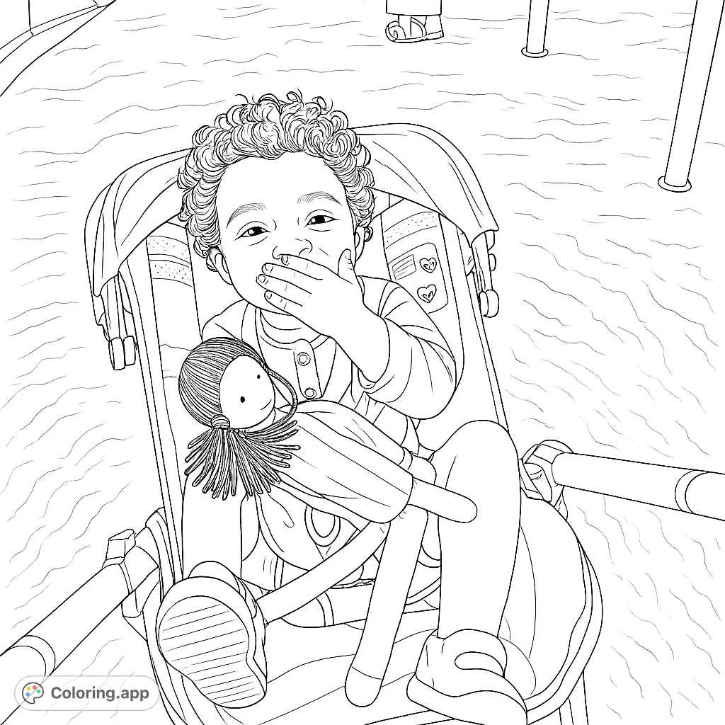 Capture a moment of pure joy with this delightful coloring page featuring a smiling child and their beloved doll in a cozy car seat. Perfect for young artists!