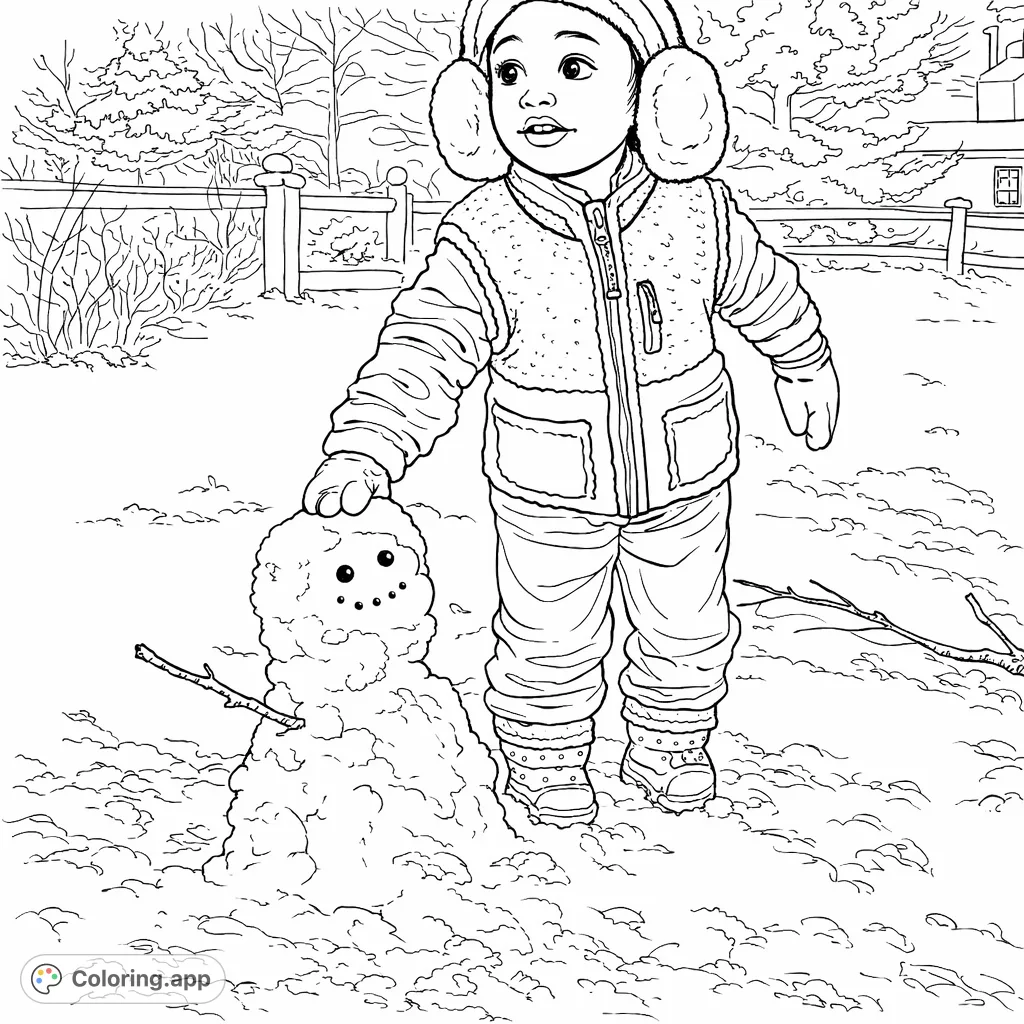 A delightful winter scene featuring a child building a snowman outdoors, surrounded by snowy landscapes and distant trees. Perfect for cozy coloring fun!