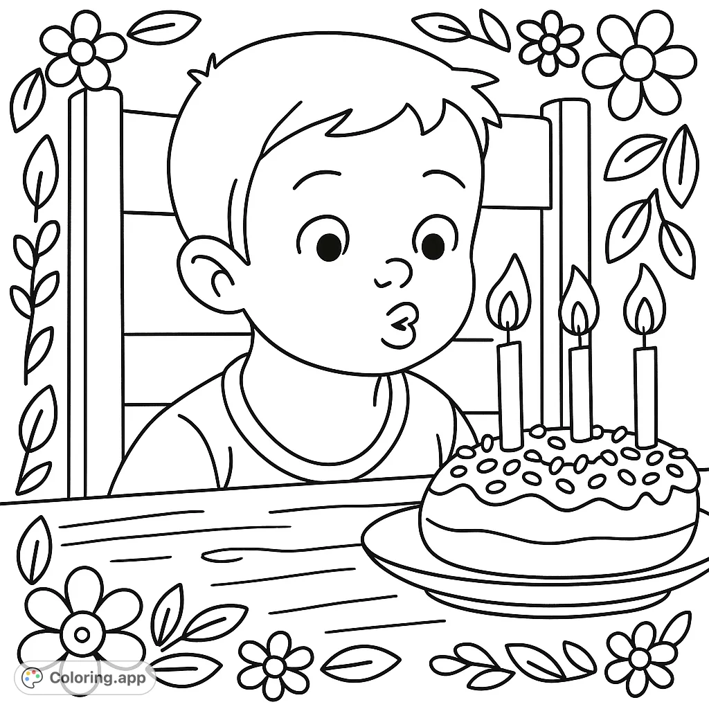 A delightful cartoony coloring page featuring a child about to blow out candles on a donut, surrounded by decorative flowers and leaves.