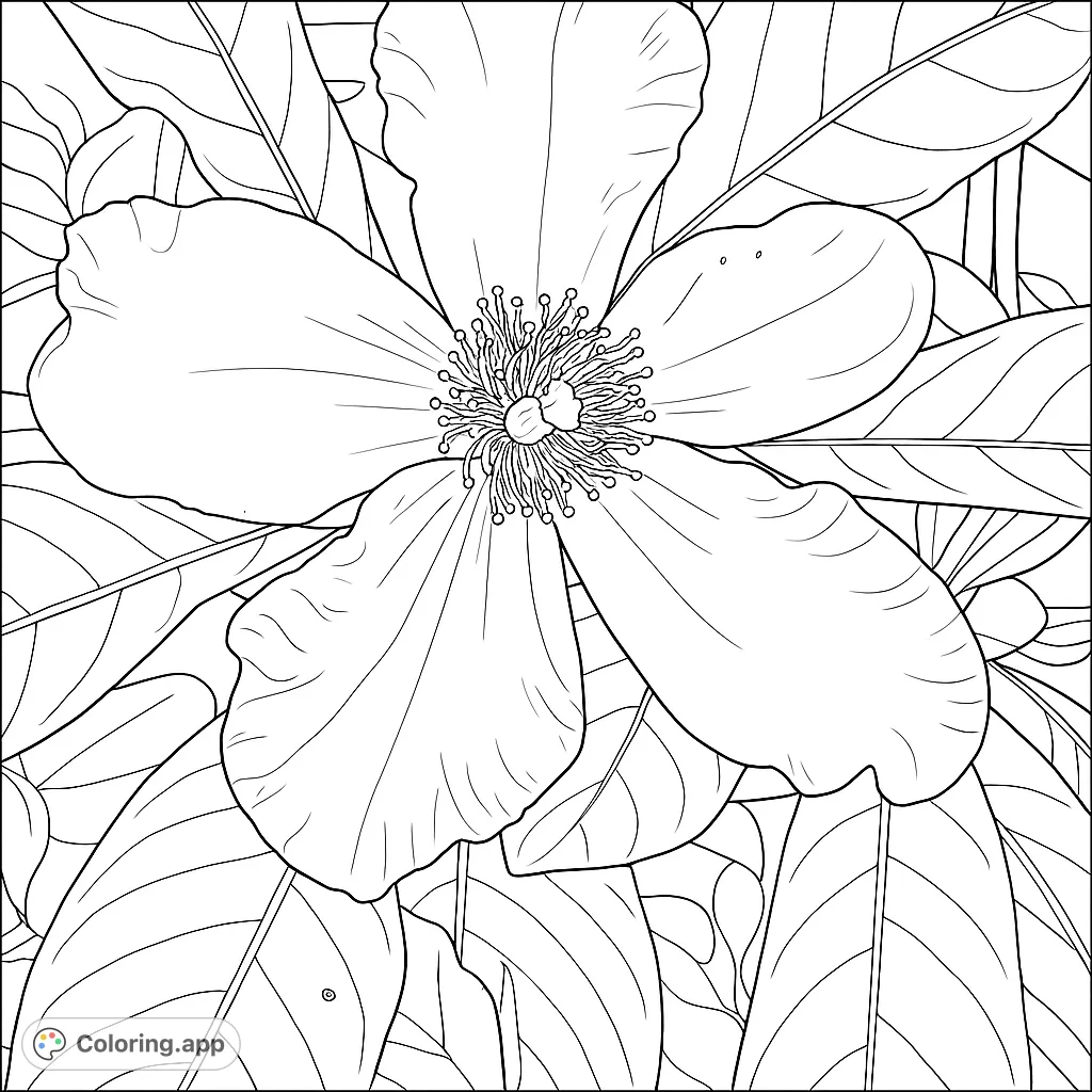 A beautiful five-petal flower with intricate stamens, surrounded by lush leaves, perfect for a relaxing coloring experience.