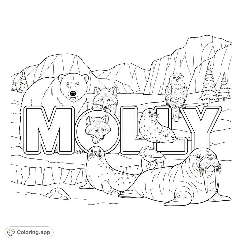 A charming arctic scene featuring the name Molly surrounded by polar bears, arctic foxes, and other snowy creatures, perfect for personalization.