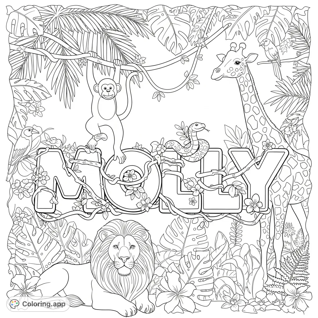 Explore a vibrant jungle scene featuring the name Molly surrounded by playful monkeys, majestic lions, and exotic birds. A personalized jungle adventure awaits!