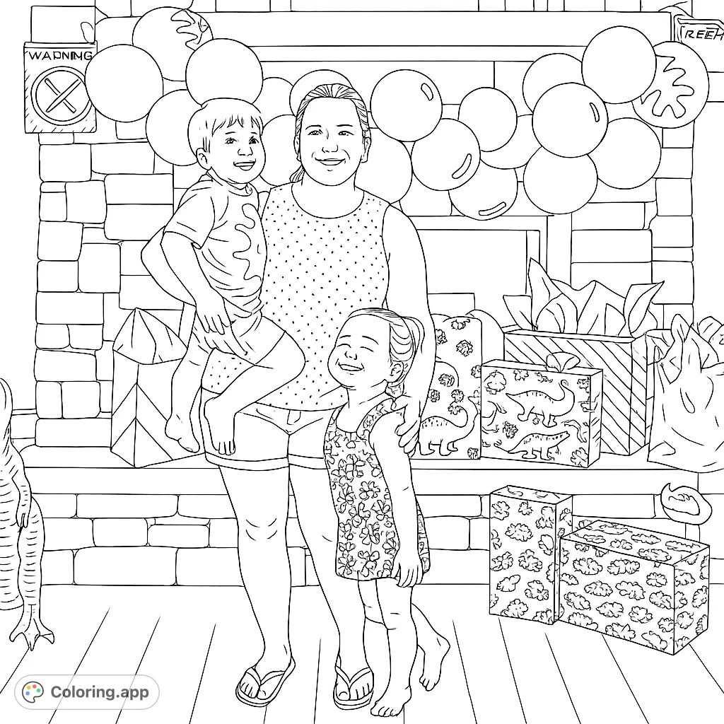 A joyful family celebrates a dinosaur-themed party, surrounded by balloons, gifts, and playful creature decorations on a stone fireplace mantel. A fun, detailed coloring page.