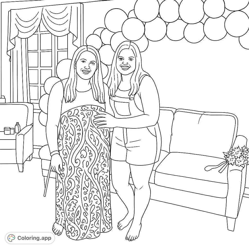 Celebrate new beginnings with this heartwarming baby shower scene. Two smiling women, one pregnant, surrounded by festive balloons and home decor.
