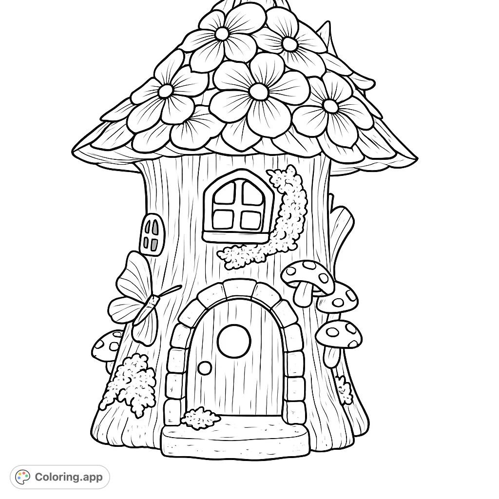 Discover a charming fairy tree house with a flower-covered roof, arched door, and tiny mushrooms. A magical scene awaiting your creative touch.