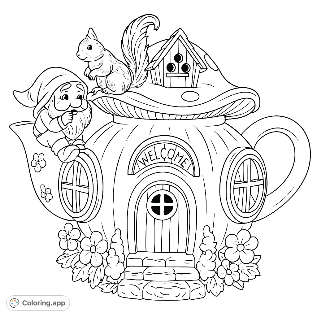 Discover a charming mushroom teapot house, complete with a friendly gnome, a squirrel, and tiny flowers. A delightful fantasy coloring page for all ages.