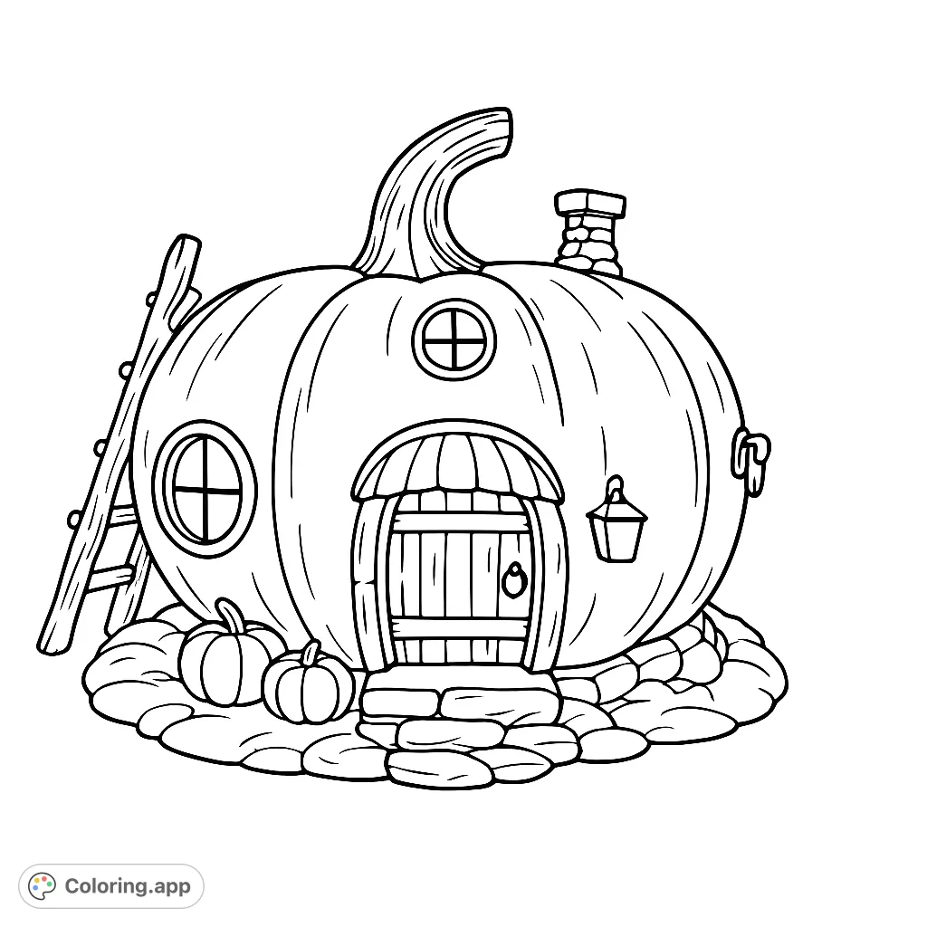 Discover a charming pumpkin house with intricate details, perfect for a magical autumn coloring adventure. Features a cozy door, windows, and a tiny chimney.