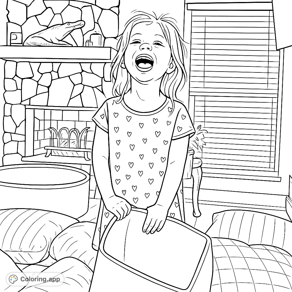 A joyful child laughs while playing indoors, surrounded by pillows and a unique alligator decor. A fun, engaging coloring page for kids.