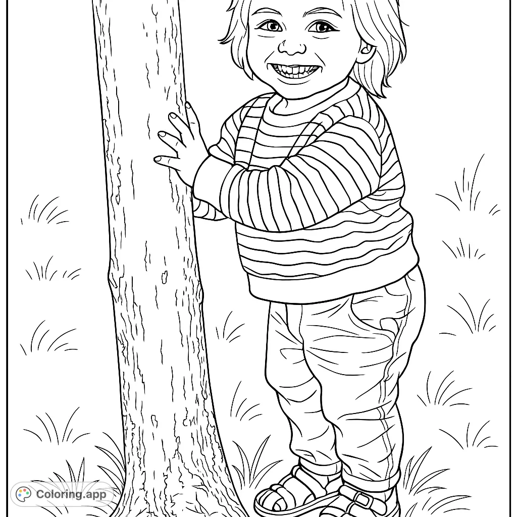 A joyful child with a big smile leans against a tree, wearing a striped top and loose pants. A delightful scene for young colorists to bring to life.